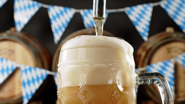 Pouring beer into glass stein for oktoberfest celebration with german flag and beer barrels background