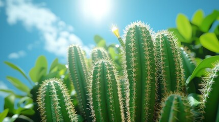 Close-up of vibrant green cacti bathed in sunlight against a bright blue sky. Lush foliage surrounds the cacti, creating a vivid desert scene