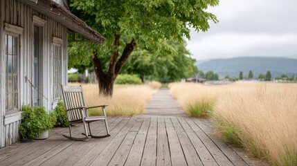 Obraz premium Peaceful Wooden Walkway with Rocking Chair and Lush Greenery