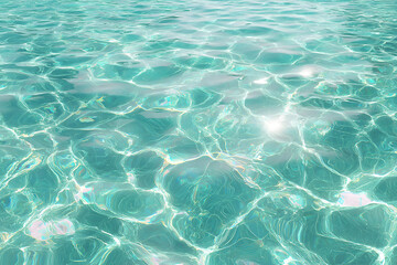 Obraz premium Ocean's Gentle Kiss: An abstract panorama of crystal-clear turquoise waters shimmering and rippling under a radiant sun, evoking a sense of tranquility and the pure beauty of nature.