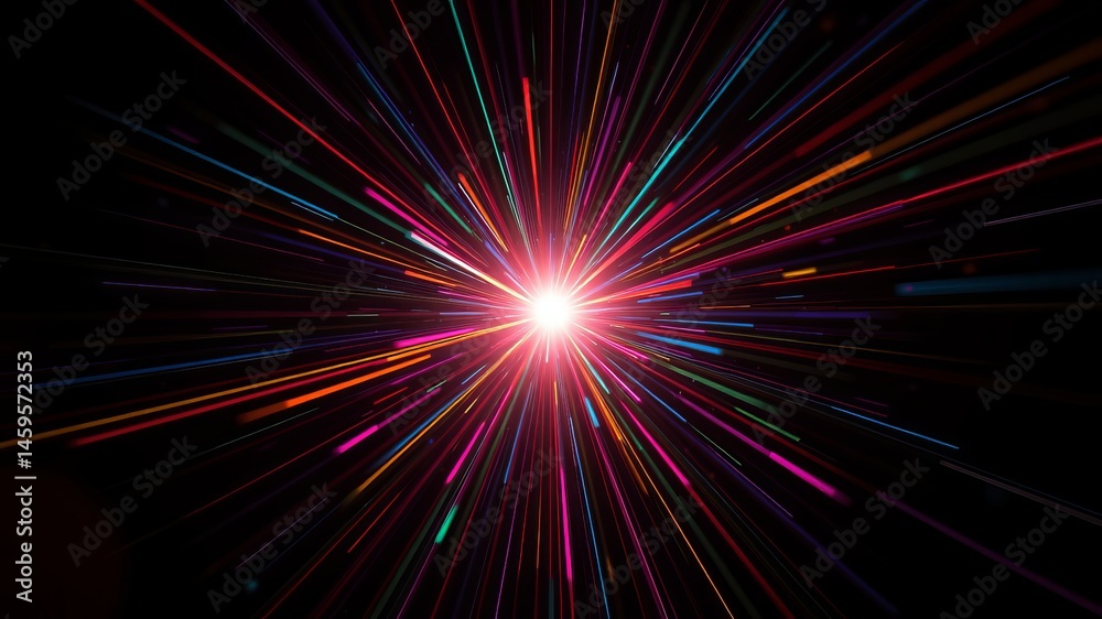 Wall mural abstract colorful light rays burst from bright central point exploding outwards in a dynamic starbur