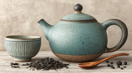 Serene still life of a turquoise teapot, cup, tea leaves, and wooden spoon.