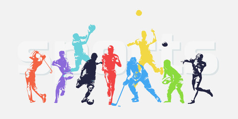 Sports, group of athletes of various sports disciplines. Isolated vector silhouettes. Run, soccer, hockey, volleyball, basketball, rugby, baseball, american football, golf
