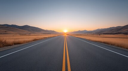 Naklejka premium Serene Landscape at Sunrise with Open Road and Mountains in View