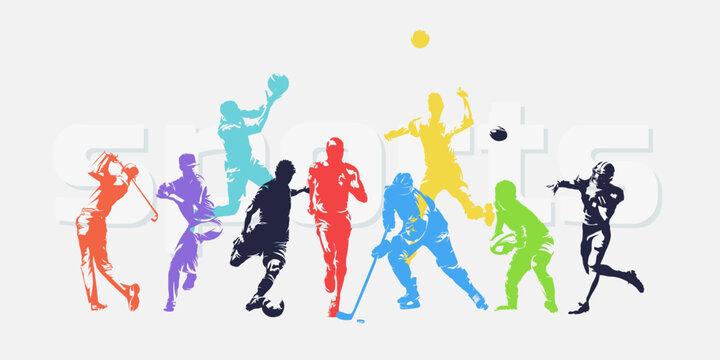 Sports, group of athletes of various sports disciplines. Isolated vector silhouettes. Run, soccer, hockey, volleyball, basketball, rugby, baseball, american football, golf