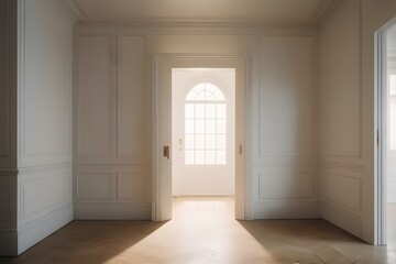 Obraz premium Sunlit Hallway with Arched Window and Paneled Walls