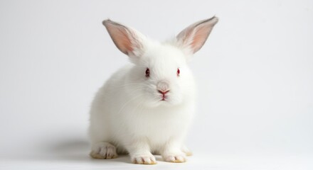 Adorable white baby bunny rabbit with red eyes sitting upright isolated against a clean white background, looking directly at the viewer with a curious expression, perfect for Easter