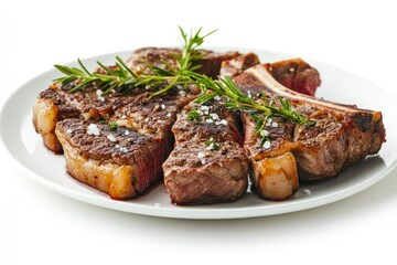 Freshly cooked, thick-cut dry-aged T-bone beef steak, with tender fillet slices and a sprinkle of herbs and sea salt on top, arranged neatly on a white plate.