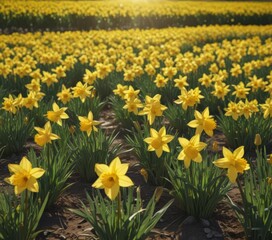 Obraz premium Sunlit daffodil field, vibrant yellow petals gleaming , botany, yellow