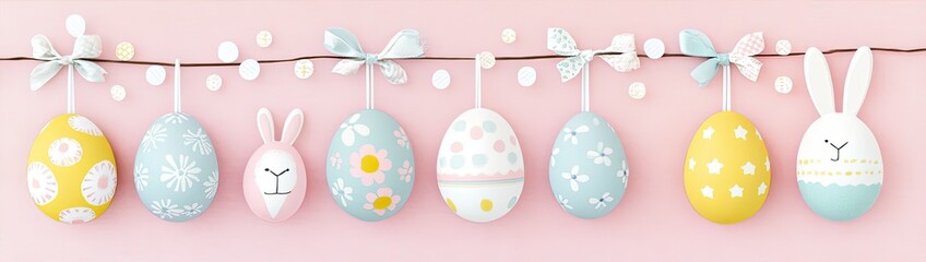 Pastel-colored Easter eggs and bunnies hang from a string, adorned with ribbons and sprinkles on a pink background