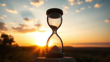 A classic hourglass silhouetted against a vibrant sunset landscape symbolizes the passage of time and fleeting moments.
