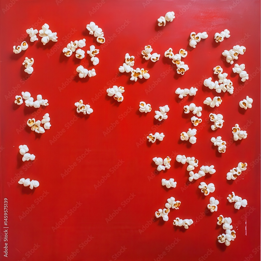 Poster scattered popcorn on a red background creates a visually striking contrast. a delectable treat for m