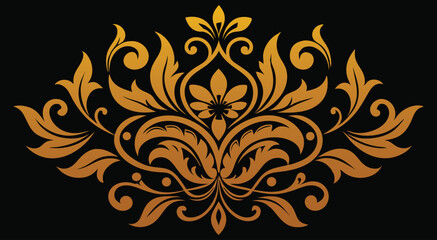 Ornate golden floral design, symmetrical damask pattern, baroque style, intricate swirls, black background, metallic gold embroidery, luxurious.