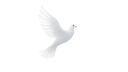Fototapeta premium A pure white dove in flight, symbolizing the Holy Spirit, with detailed feathers and a clean white background for versatile use in spiritual and religious designs.
