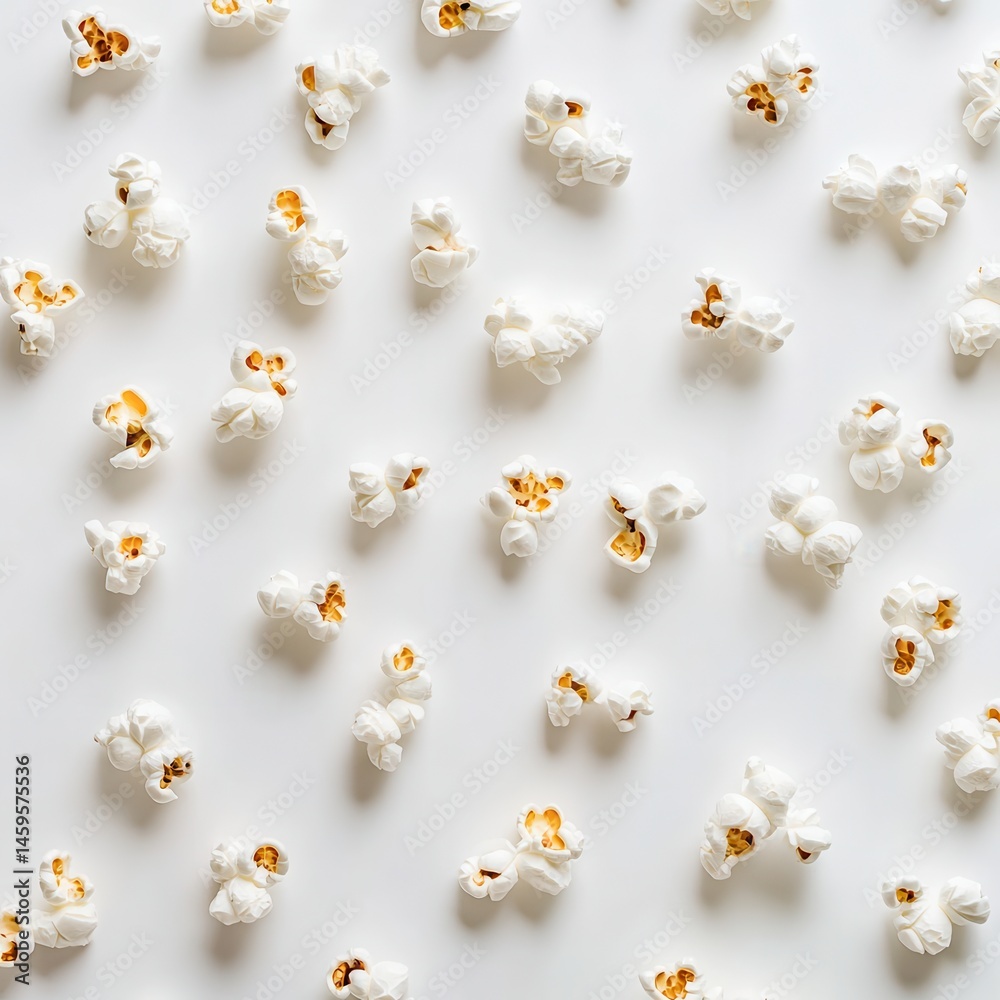 Poster scattered popcorn pieces create a textured, snack-themed pattern on a clean white surface, perfect f