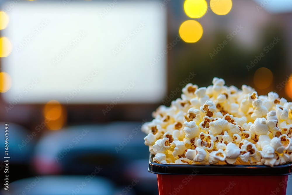 Poster enjoying popcorn at a drive-in movie, the screen in the background suggesting a fun, nostalgic outin