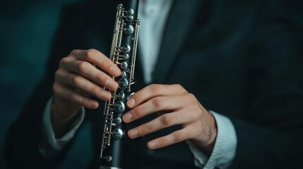 Fototapeta premium Elegant Performance of Musician Holding Oboe Instrument in Close-Up View with Dark Background