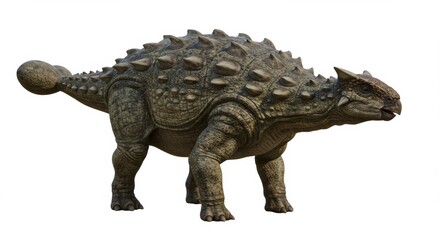 Fototapeta premium Ankylosaurus dinosaur armored with bony plates and a club-like tail, standing isolated against a white background, showcasing its prehistoric appearance and robust defense mechanisms