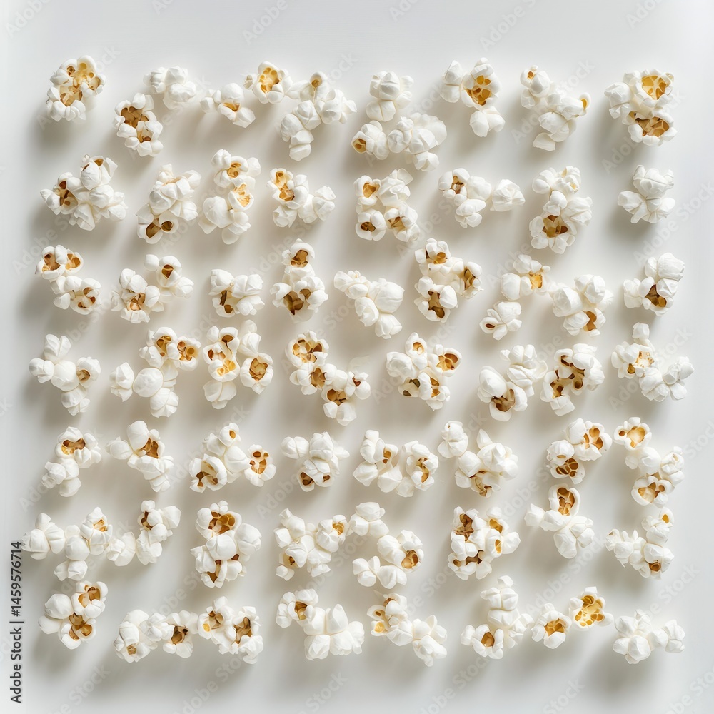 Leinwandbilder Popcorn kernels evenly arranged against a white background create a simple, yet engaging, symmetrical pattern with unique shapes.