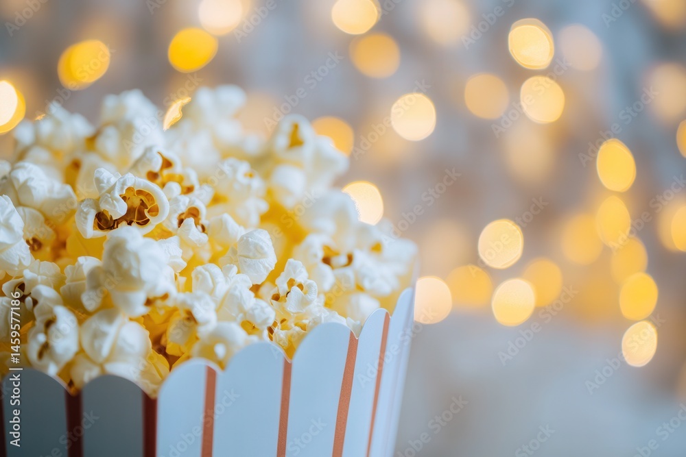 Poster Popcorn Delight: A close-up of a striped container overflowing with fluffy popcorn, set against a warm backdrop of festive lights.