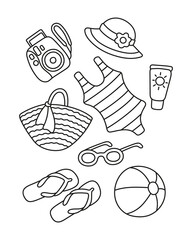 Beach set. Swimsuit, camera, bag, hat, ball, flip-flops. Coloring page.