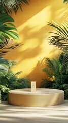 Fototapeta premium Tropical golden sunlight cascades over a minimalist podium surrounded by lush green palm leaves, creating an elegant and serene product display scene with warm, inviting tones