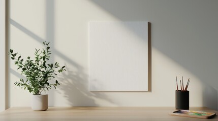 Minimalist Workspace with Blank Canvas, Potted Plant, and Art Supplies for Creative Inspiration and Focus