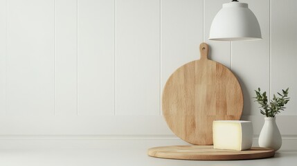 Minimalist kitchen scene featuring wooden boards, cheese block, herbs, and stylish pendant lamp for culinary visuals