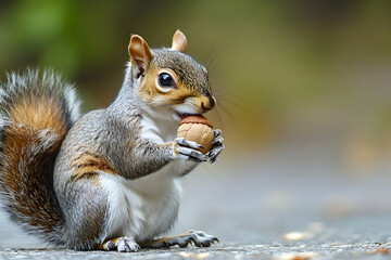 Obraz premium Cute Squirrel Holding Acorn with Fluffy Tail in Nature Background