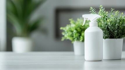 Clean spray bottle on a wooden table next to green plants in a bright, modern indoor space