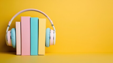 Colorful Books with Headphones on Bright Yellow Background for Creative Learning and Relaxation Imagery