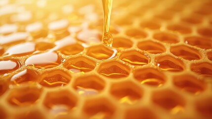 Close-up View of Fresh Honey Dripping from Natural Honeycomb with Warm Golden Color