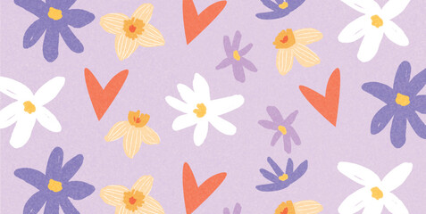 Floral seamless pattern with hand-drawn spring flowers and red hearts on lilac background. Playful romantic botanical design for Valentine's Day, fabric, wrapping paper, and decor. Vector illustration