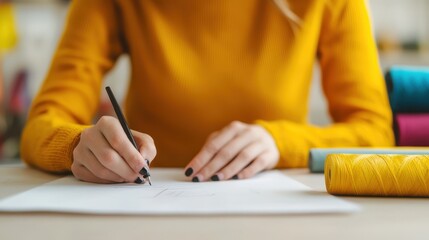 Person in Yellow Sweater Sketching with Pencil on Paper Amidst Colorful Threads and Fabric Rolls