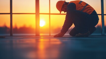 Worker in Safety Gear Measures Floor Space During Sunset at Construction Site with Modern Architecture Background