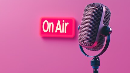 Vintage Microphone with Neon 'On Air' Sign for Broadcasting and Podcasting in Pink Background