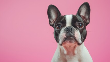 Adorable French Bulldog with Big Eyes Against a Bright Pink Background for Cheerful and Playful Mood