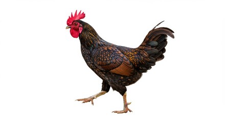 Fototapeta premium Beautiful rooster with colorful feathers struts confidently across a white background in a vibrant and detailed studio shot showcasing poultry farming and nature's beauty
