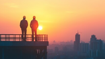 Two Construction Workers Silhouetted Against an Orange Sunset Over a City Skyline Building Site