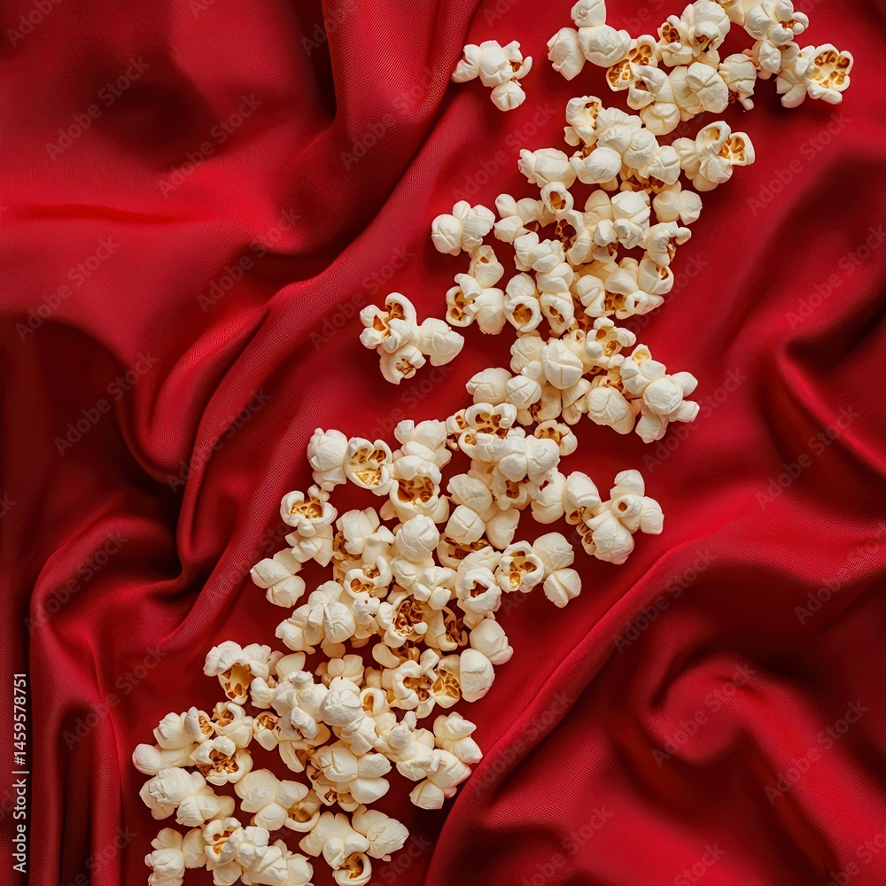 Poster popcorn cascade on deep red fabric. a cinematic snack display against a luxurious backdrop.