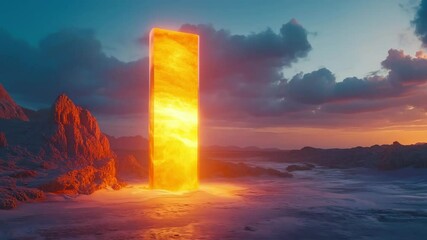 A glowing vertical monolith radiates intense heat and light in a barren frozen landscape at sunset. The surreal scene evokes advanced energy storage or alien technology in a harsh, icy environment. - Powered by Adobe