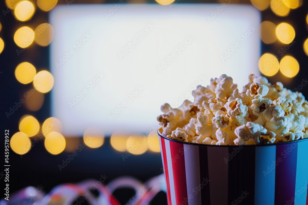 Poster a full bucket of popcorn sits ready for a movie night. string lights and a bright screen promise a c