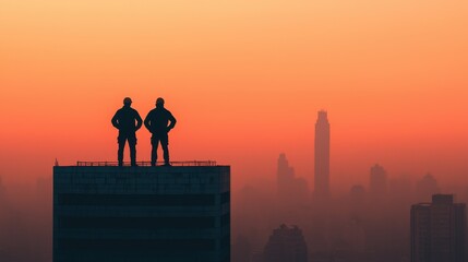 Silhouetted Construction Workers Overlooking City Skyline at Sunrise with Vibrant Orange and Pink Sky