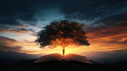 Obraz premium Sunset Silhouette: Person Standing Under Tree Growing from Open Book