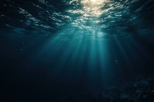 Sunbeams pierce the deep ocean, illuminating the dark depths.