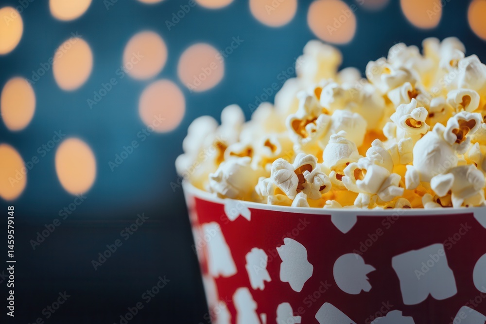 Poster A close-up captures a bucket overflowing with fluffy popcorn against a softly blurred backdrop of warm, glowing lights.