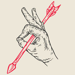 Hand draw composition with human palm gesture and red wood arrow in vintage retro style. Design concept art for old school tattoo, banner, sticker, print. Vector fashion cartoon illustration.