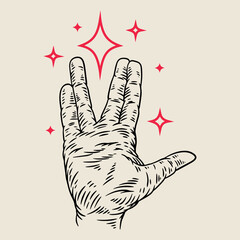Hand draw composition with human palm gesture and red stars in vintage retro style. Design concept art for old school tattoo, banner, sticker, print. Vector fashion cartoon illustration.