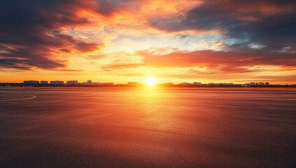 Empty asphalt runway at sunset over city skyline. Dramatic clouds and warm light fill the sky above