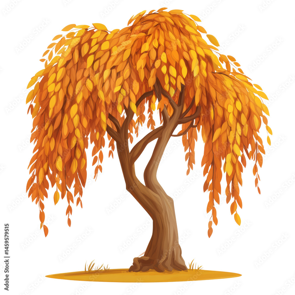 Poster stylized weeping willow tree with autumn color leaves for graphic design